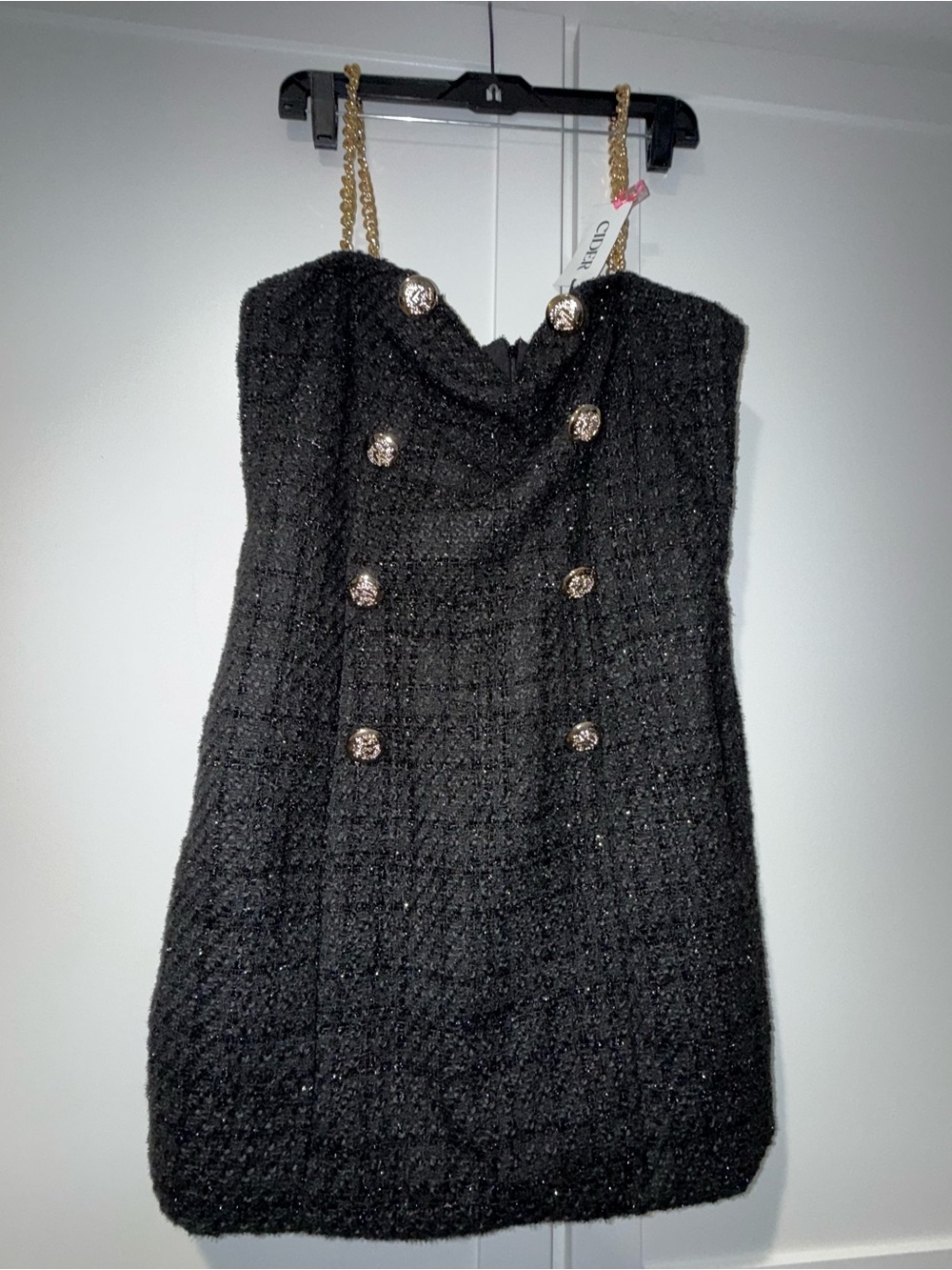 Cider Black Tweed Mini Dress with Gold Chain Straps
